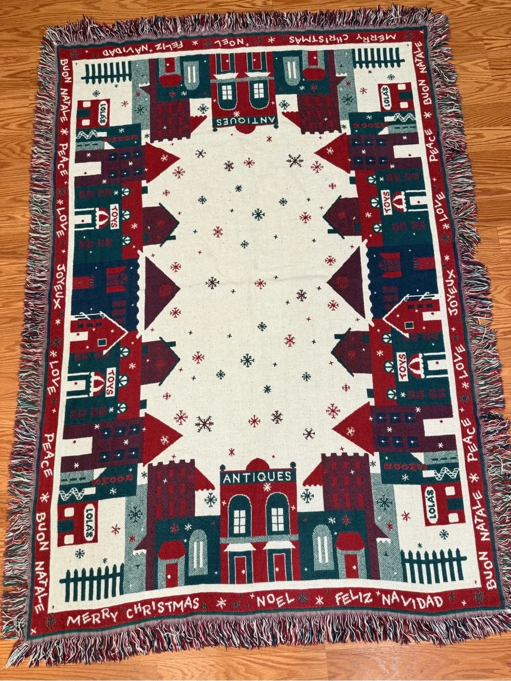Holiday Village Fringe Throw Blanket - Red, Green & Cream 66x46
